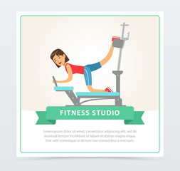 Young woman exercising on trainer gym machine, fitness studio banner flat vector element for website or mobile app