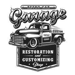 Retro car repair garage sign with retro style truck. Custom restoration shop.
