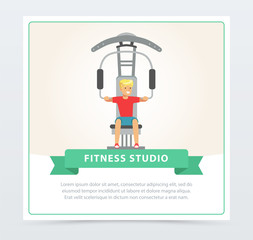 Young man flexing muscles on trainer gym machine, fitness studio banner flat vector element for website or mobile app