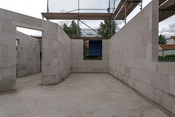 View of the shell of a ground floor of a residential house. A detached house is built in solid construction