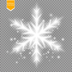 Shine white snowflake with glitter isolated on transparent background. Christmas decoration with shining sparkling light effect. Vector