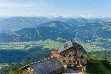 View from Gruttenhuette, an alpine hut on Wilder Kaiser mountains, Going, Tyrol, Austria -  Hiking...