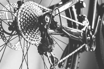 Bicycle details black and white frame, rear wheel mountain bike gear from view - obrazy, fototapety, plakaty