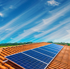 Solar Panel Photovoltaic installation on a Roof, alternative electricity source - Concept  Image of...