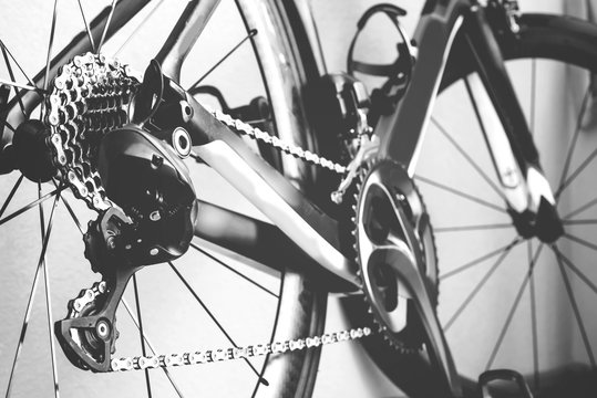 Bicycle details black and white frame, road bike parts