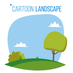 Cartoon Landscape Background Vector. Spring, Summer Season Meadow Landscape. Tree, Green Field, Clouds. Cartoon Flat Illustration