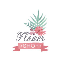 Flower shop colorful logo template, label or badge in vintage style for floral boutique, wedding service, florist vector Illustration