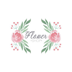 Flower shop green and pink colorful logo, label or badge in vintage style for floral boutique, wedding service, florist vector Illustration