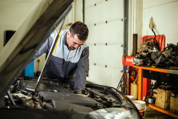 Professional mechanic checking car engine. - obrazy, fototapety, plakaty