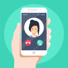 Incoming call on smartphone screen. Flat design vector illustration. Calling service. Modern concept for web banners