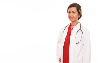 Friendly female doctor in medical uniform with a medical stethoscope