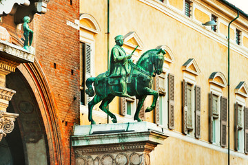 Ferrara, Italy - 09.06.2017. Historic monument on the facade of the house in the city center