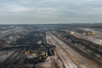 Garzweiler open-cast mining in Germany. Destruction of the environment and hunger for energy. Dreary and desolate landscape.