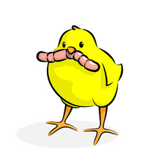 Cute Little Chick With Worm At Beak. Vector Illustration Of A Baby Chicken Caughed A Worm.