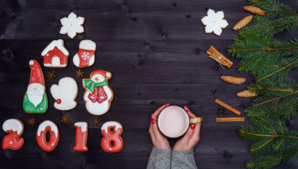 Woman holding cup of cocoa or chocolate on wooden table with handmade ginger cookies and fir tree branches, free space. Top view, flat lay. New year 2018 baked numbers