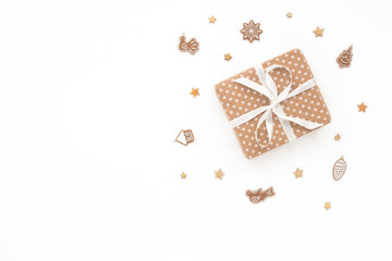 Christmas craft and white decorations on white background, flat lay, top view