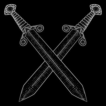 Crossed swords. Hand drawn white sketch on black background