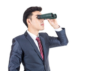 Fototapeta premium Portrait of businessman holding binocular. isolated on white background.