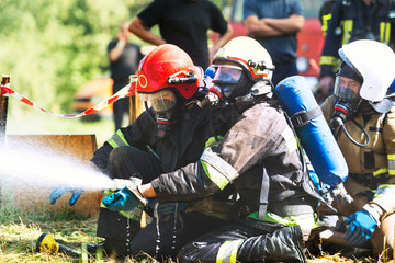 Obraz premium Lviv. Ukraine, August 31, 2017. Fireman, Firefighter training