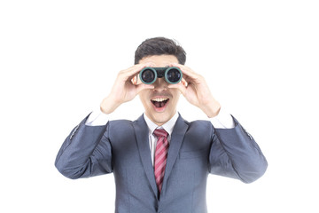 Portrait of businessman holding binocular. isolated on white background.