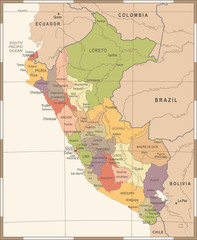 Peru Map - Vintage Detailed Vector Illustration