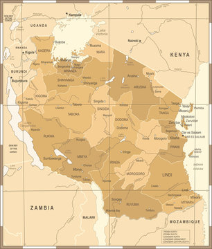 Tanzania Map - Vintage Vector Illustration