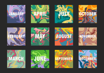 Vector calendar in marbling style. Square painted templates of months with text overlays.