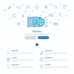 Football concept. Goalkeeper stands at the gate. Template for web page with thin line icons of ball, player, whistle, soccer, goal, strategy, stopwatch, football boots. Modern vector illustration.