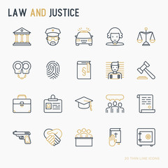 Law and justice thin line icons set: judge, policeman, lawyer, fingerprint, jury, agreement, witness, scales. Vector illustration.