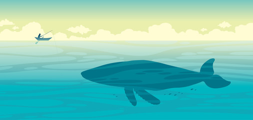 Fototapeta na wymiar Silhouette of angler and big whale on a sea.