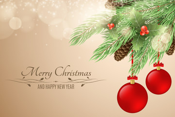 Christmas background with text. Merry Christmas and Happy New Year. Snow berries, fur tree, cones. Red realistic christmas balls. Glare bokeh, light particles. Vector