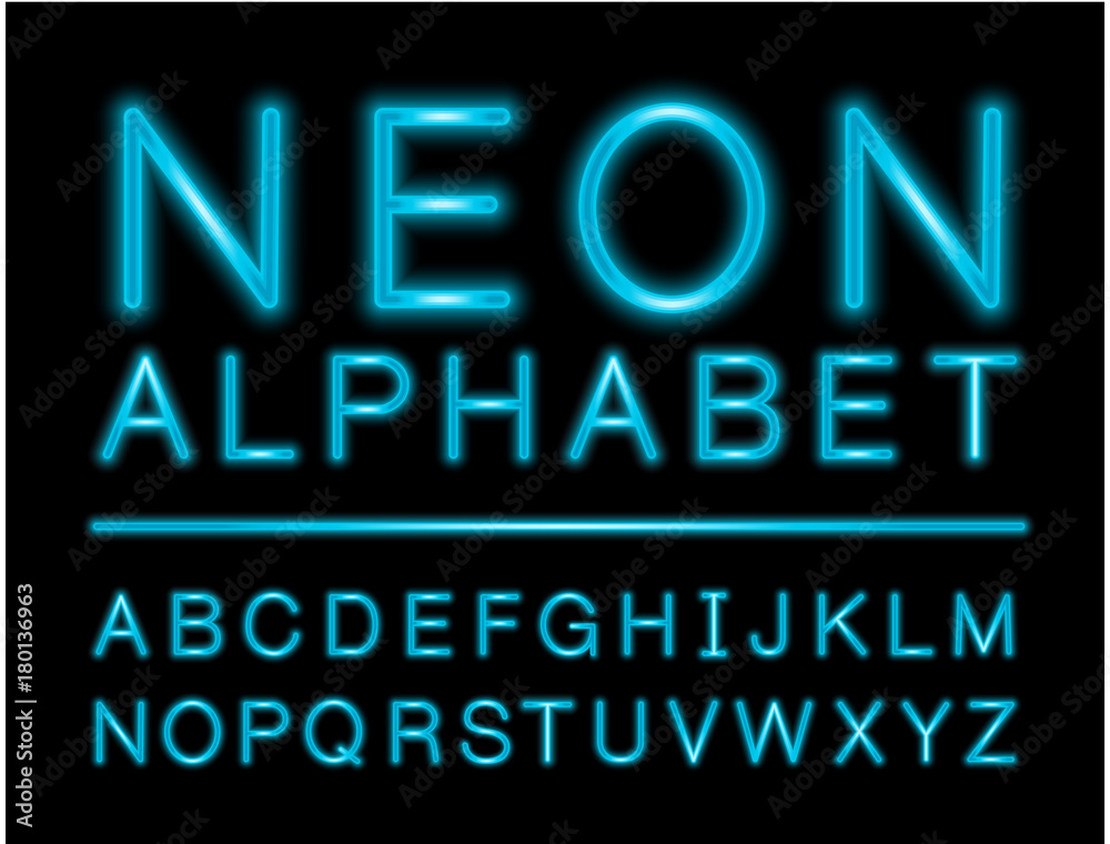 Fototapete blue neon alphabet with complete letters set with led effect