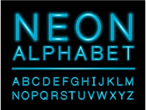 Blue neon alphabet with complete letters set with LED effect