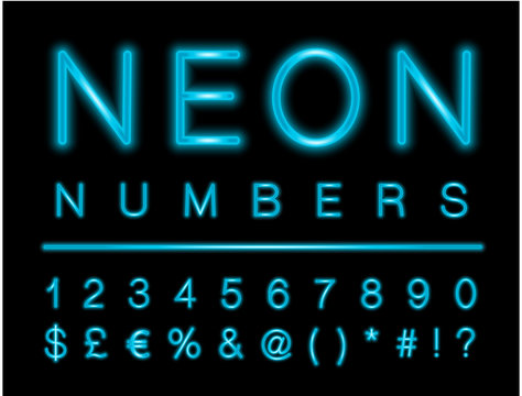 Blue neon numbers and special characters set with LED glowing effect