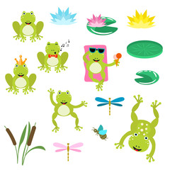 Frogs cartoon clipart vector set.