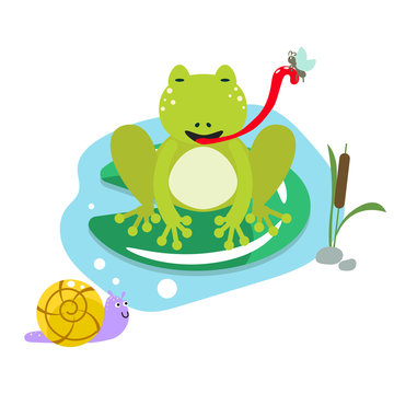 green frog catching fly on lily pad clip art preview
