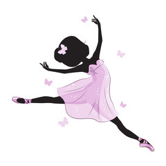 Silhouette of cute little ballerina in pink dress isolated on white background.  Vector design. Print for t-shirt. Romantic hand drawing illustration for children.