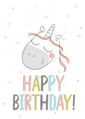 Happy Birthday card with cute unicorn in doodle style, vector illustration - 180137996