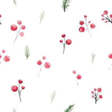 Christmas seamless pattern with holly berries and branches. Festive watercolor new year ornament for wrapping.