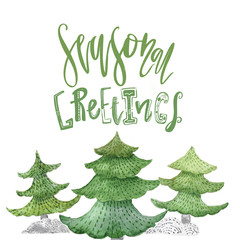 Watercolor christmas typography greeting with fir trees. New Year decoration for invitation, cards