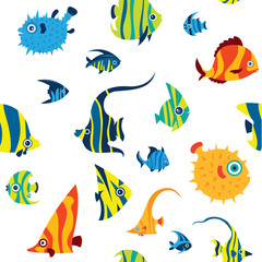 Seamless pattern with cartoon reef fish.