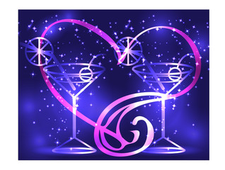 Golden outline of two wine glasses with a cocktail on a blue background framed by a heart, disco, club, neon glow, couple