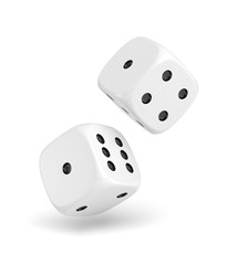 3d rendering of two white dice hanging on a white background
