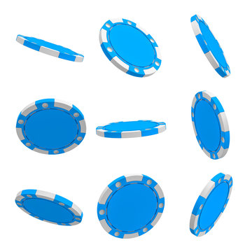 3d rendering of many blue casino chips hanging on a white background in different angles.