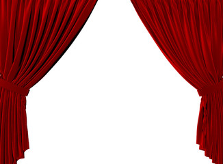 Red fabric theatre curtains on a plain white background. 3D Rendering