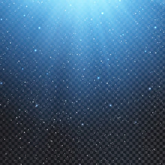 Light effect overlay with falling snow, rays and sparkles with blue glow on transparent background. Vector Christmas background