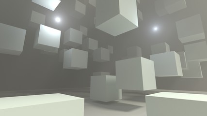 Abstract white flying cubes in fog warehouse space 3d illustration
