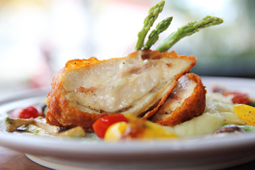 fried chicken cheese on mash potato