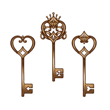 Vintage heart shaped bronze antique skeleton keys set. Hand drawn isolated vector illustration