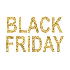 Black friday type with golden glitter texture effect, isolated on white backdrop. Vector illustration.;